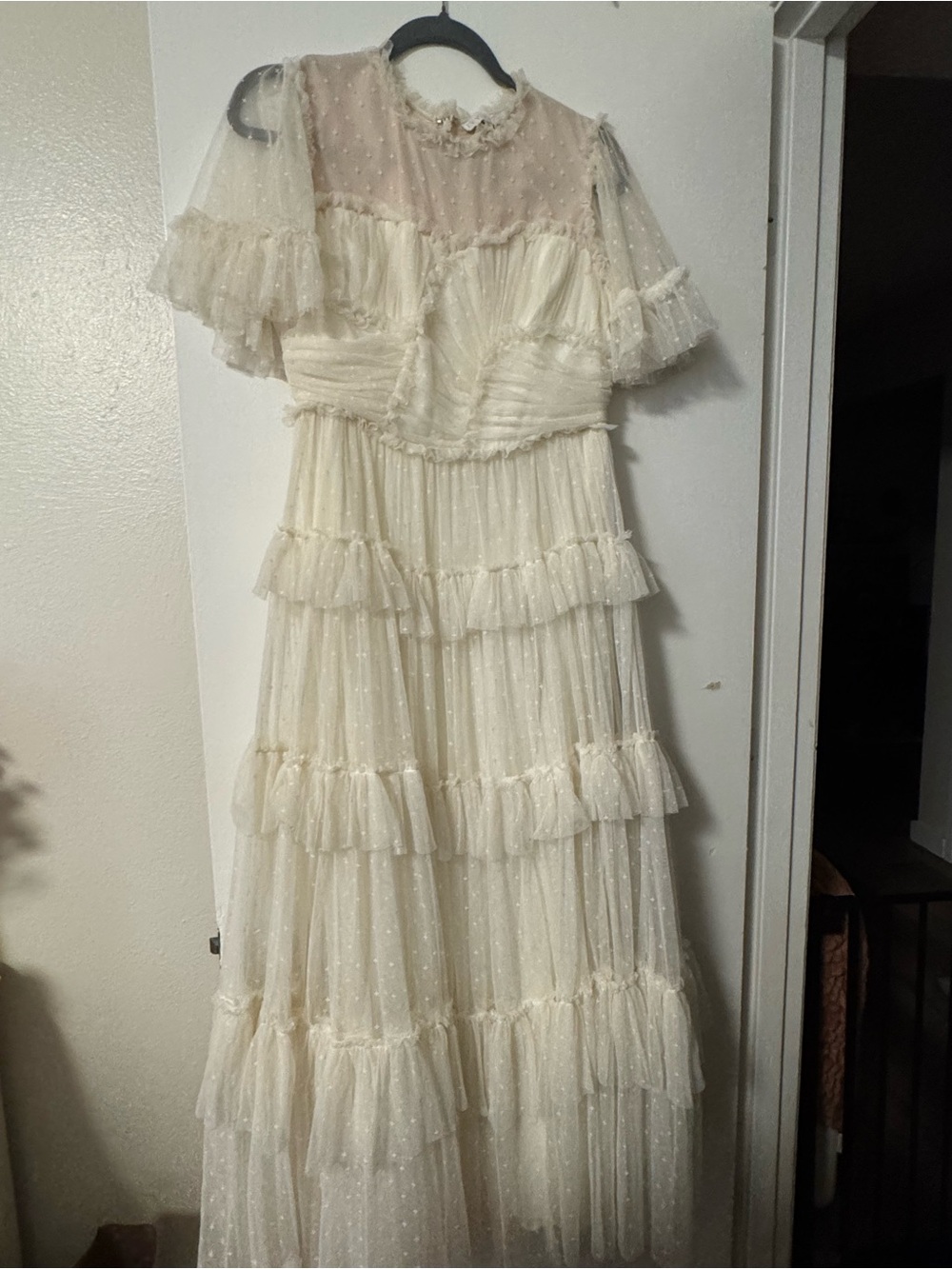 Cream Ruffled Dot Mesh Maxi Dress - Women's